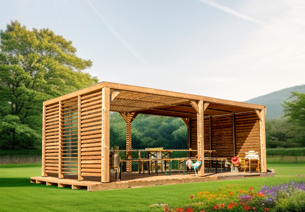 Pergola Thermauvent THO3562.VVT avec ventelles sur le Toit et 2 parois en THT de 21m²