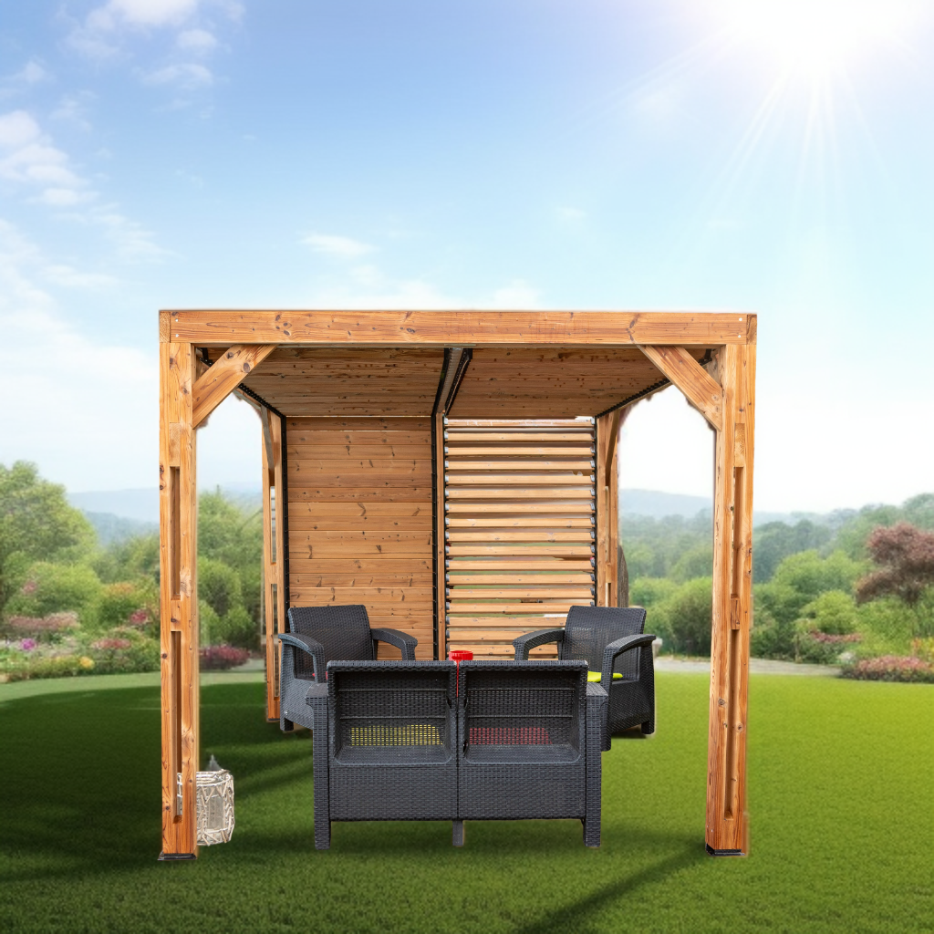 Pergola Thermauvent THO2331VT avec ventelles mobiles sur le toit et un mur en THT de 7.10m²