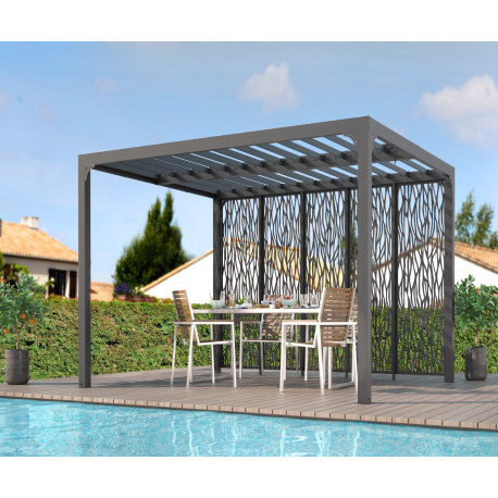 Pergola bioclimatique à lames orientables de 7,2 m² avec son panneau en acier design mosaïque /REF: PER 2430MBI / Ouverture et fermeture à  manivelle