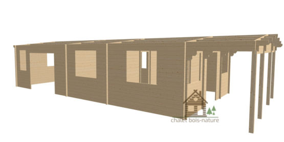 Chalet en Bois/Chalet d’habitation réalisé sur mesure avec le garage attenant de 80m² fabriqué en épicéa de 44mm + sa terrasse couverte de 11m²