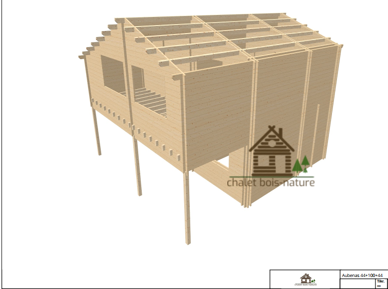 A Chalet en Bois/Maison « Caussade » fabriquée en en épicéa de 68/100/68mm  avec un étage sur mesure de 86m² (surface habitable) + 28m² de terrasse et  balcon - Chalet Bois BHE