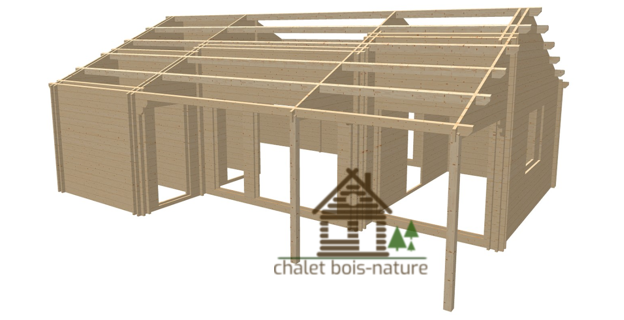 Chalet Bois /Chalet « Bapt » réalisé sur mesure de 75m² fabriqué en épicéa de 44/100/44mm avec sa terrasse couverte de 15m²