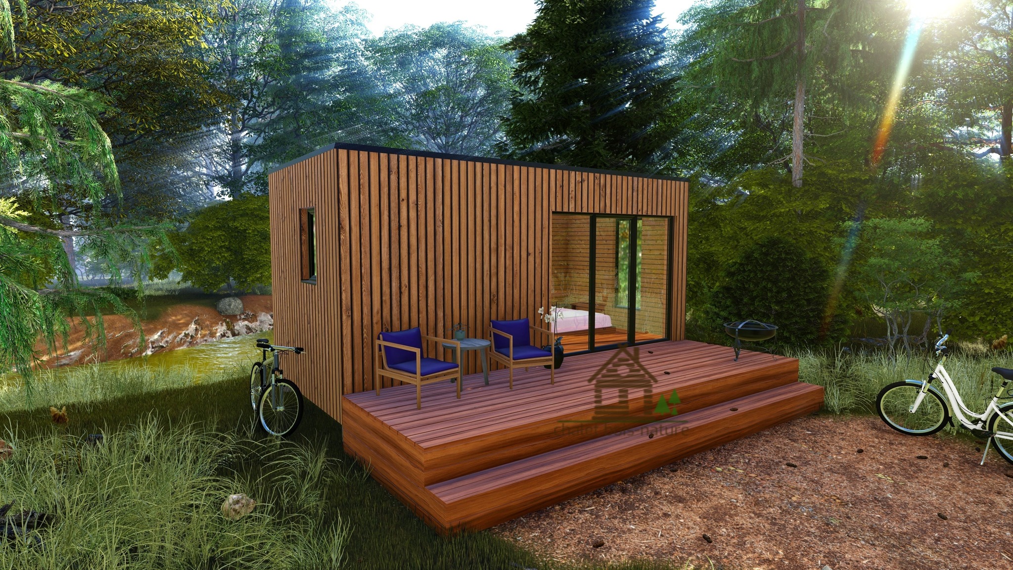 S Chalet Bois / Chalet « Camping18 » en bois de 18m² en madriers massifs de 44mm + Bardage horizontal