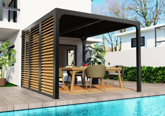 Pergola bioclimatique PER36VB30.BI livrée avec des ventelles latérales aluminium mobiles couleur imitation bois pour côté 3,60 m, Aluminium gris anthracite de 10.80m²