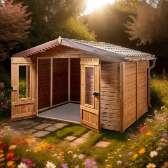 🌳 Abri de jardin THE32F24.02 double pente – Élégance et durabilité en bois thermochauffé