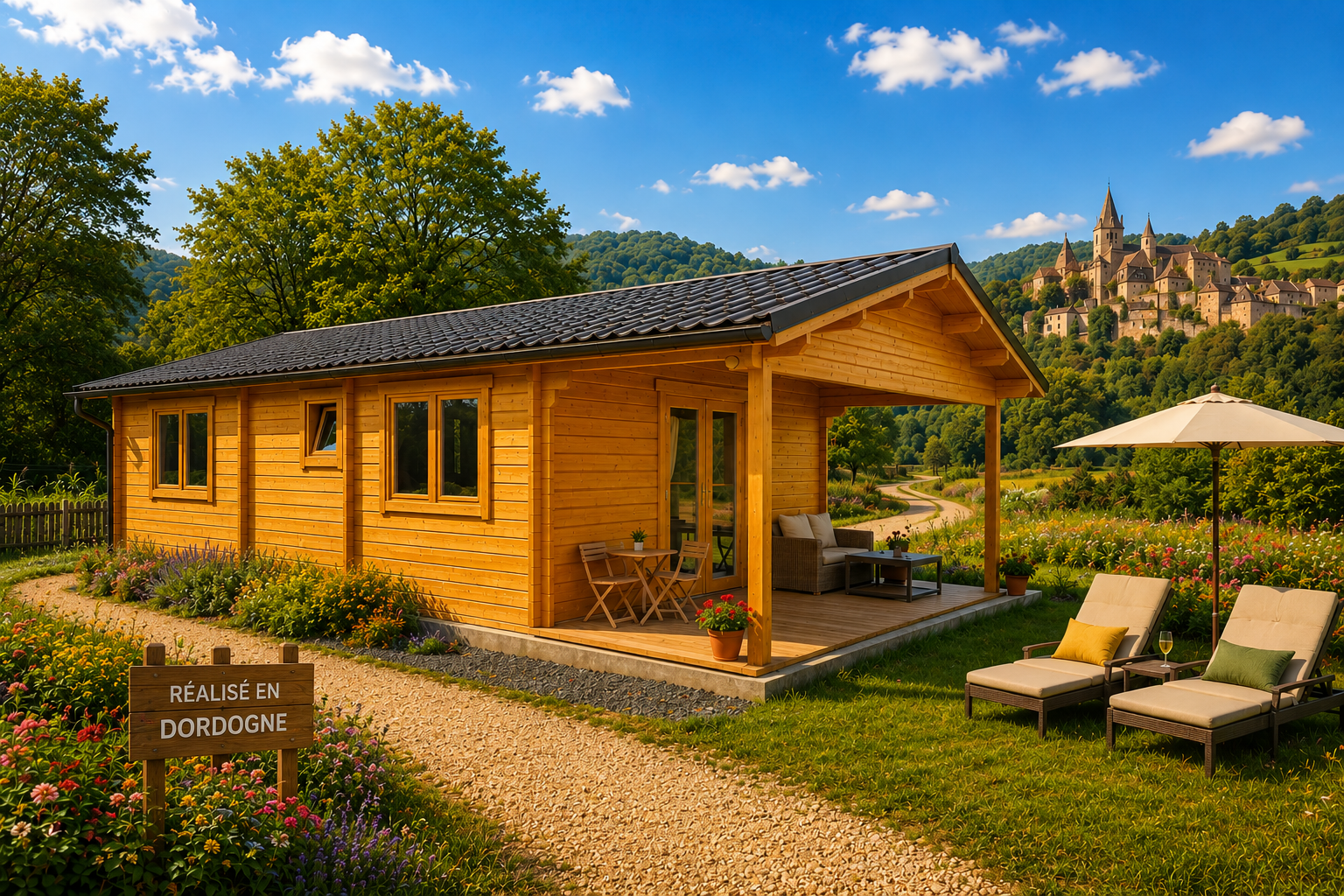 Chalet N°010222 de 49m² à usage de gîte avec sa terrasse de 8m²🏡 en 68mm / 2 chambres