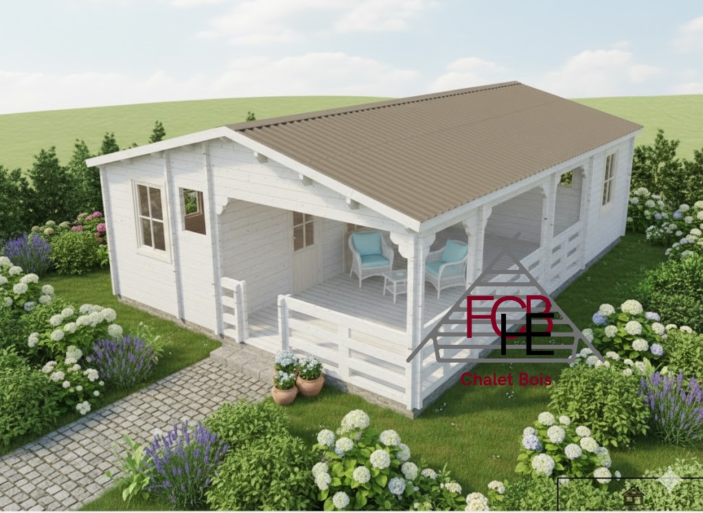 Chalet bois N°110722 – 75.8m² avec sa terrasse  🏡 68mm/ 2 chambres