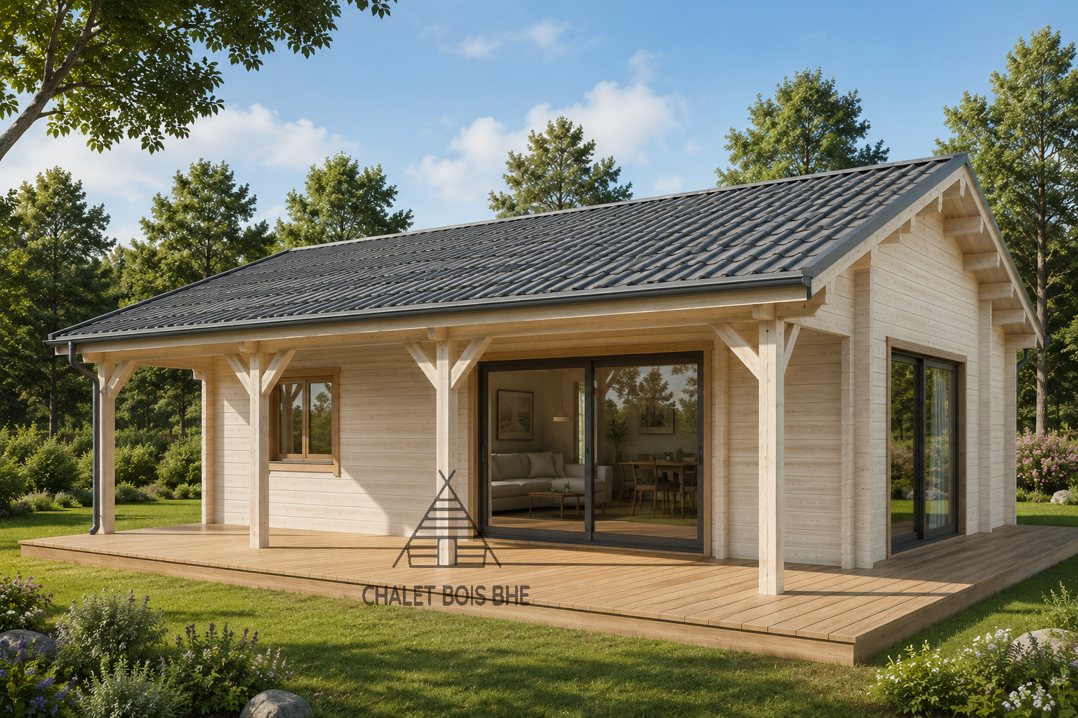 Chalet N°110225 – 64 m² avec sa terrasse 🏡 en 44 mm / 1 chambre / Le client se charge de l&rsquo;isolation