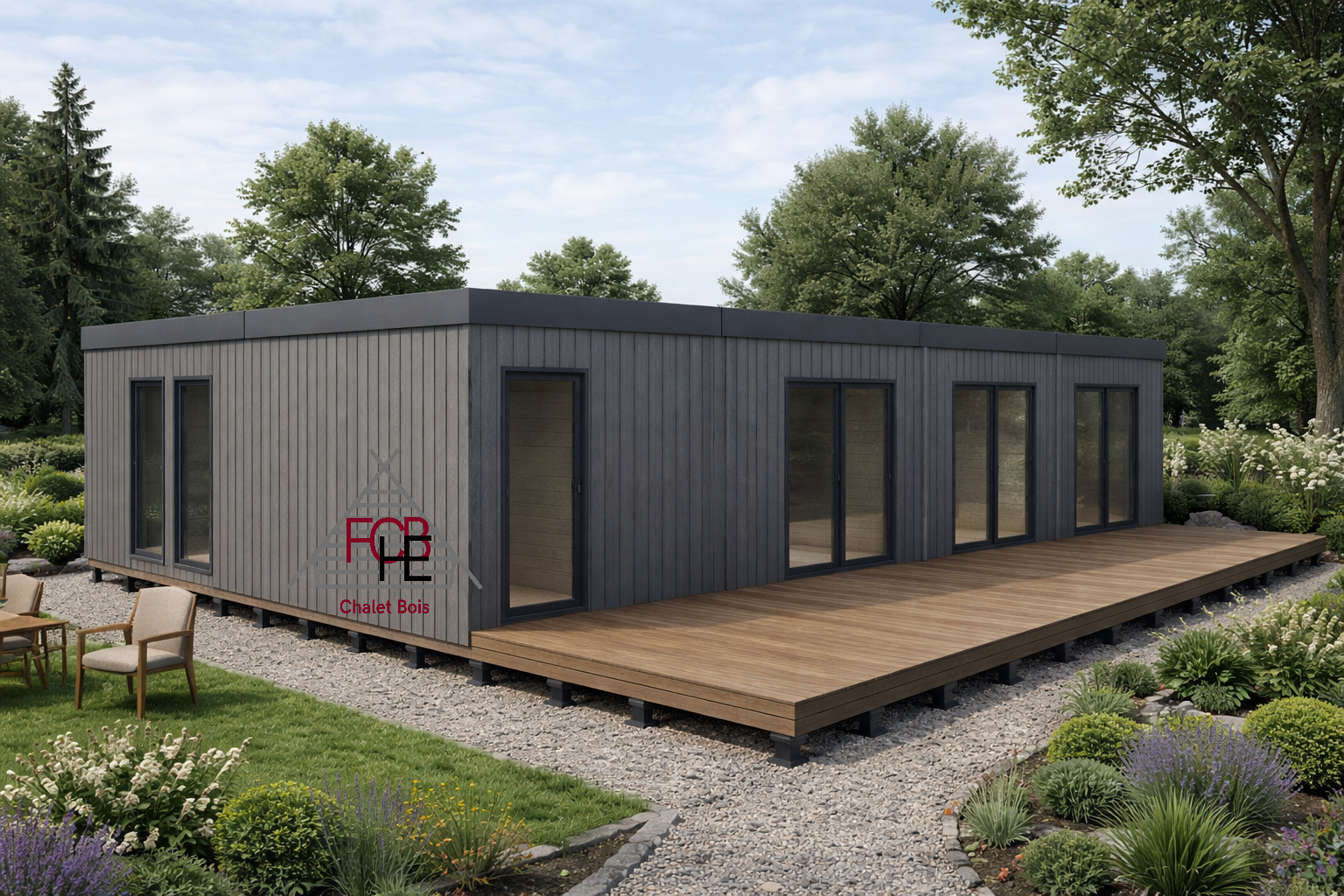 Chalet N°170225 -85m²+ Terrasse- Madriers 44mm+ isolation + Bardage + Dalle bois- 2 chambres