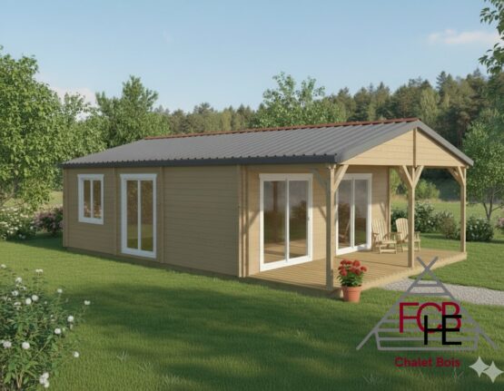 Chalet bois N°201125 – 81m² avec sa terrasse  🏡 44/100/44mm/ 2 chambres