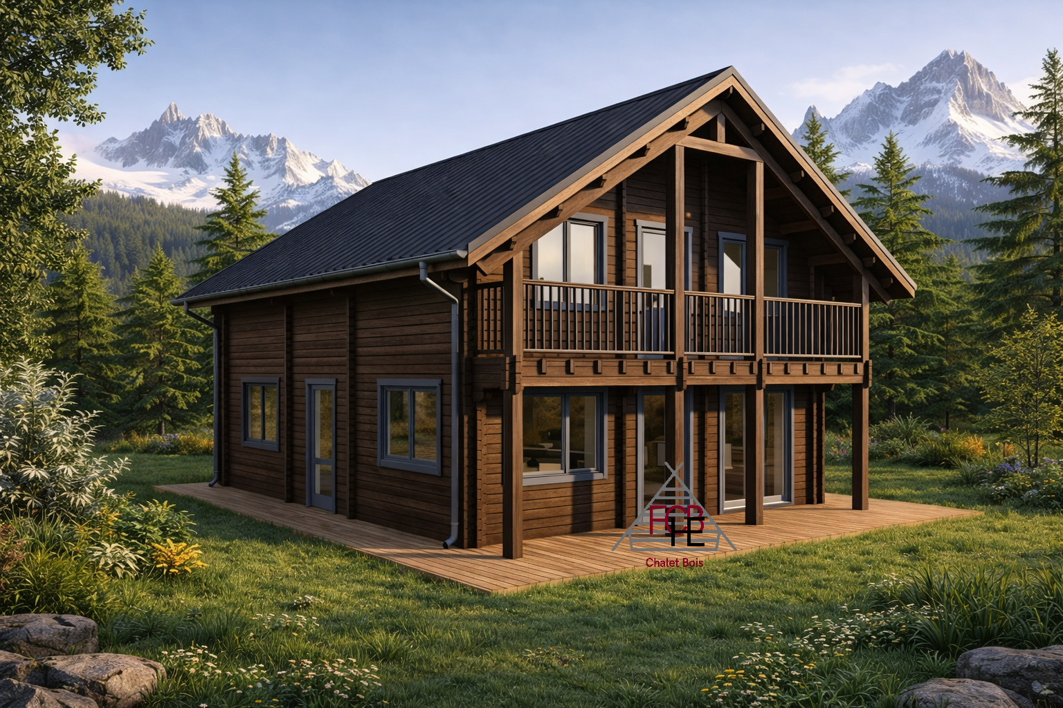 Chalet N°070323 – Madriers 68/150/68 mm – 134 m² avec Terrasse + Balcon ( 3 chambres) isolé