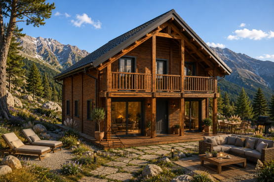 Chalet N°070323 – Madriers 68/150/68 mm – 134 m² avec Terrasse + Balcon ( 3 chambres) isolé