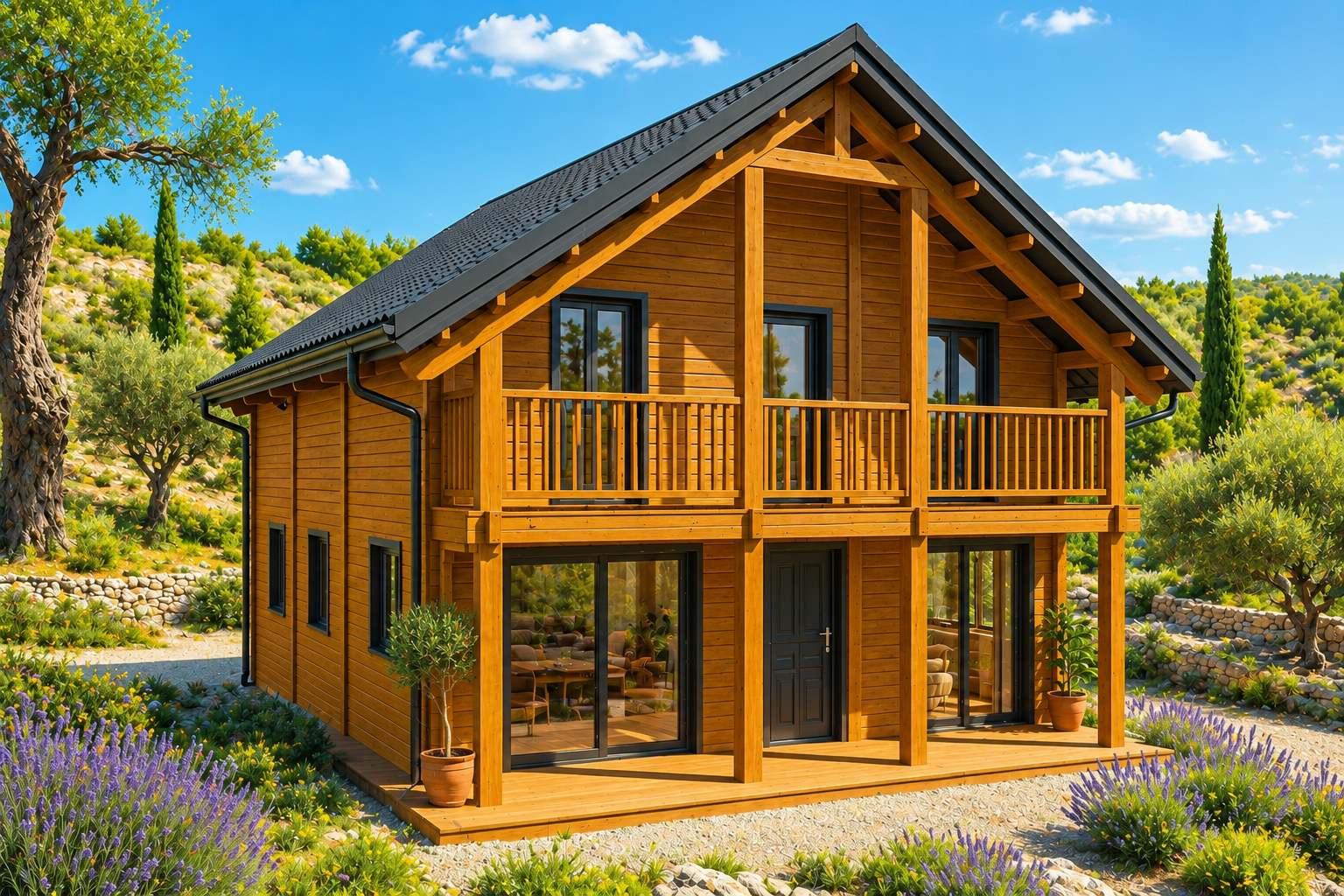Chalet N°070323 – Madriers 68/150/68 mm – 134 m² avec Terrasse + Balcon ( 3 chambres) isolé