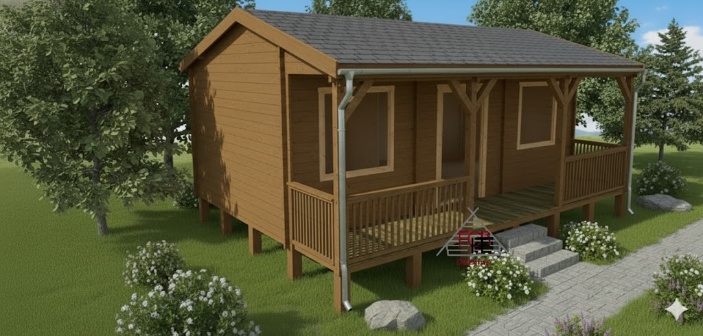 Chalet bois N°121125- 42m² avec la terrasse couverte –  🏡