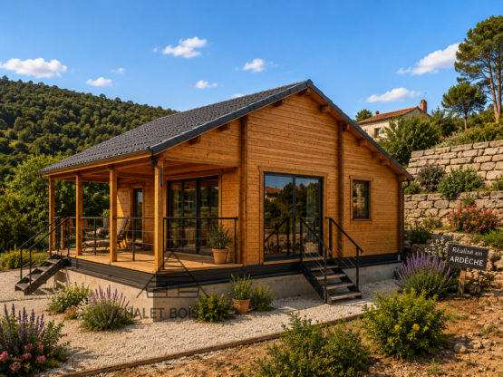 Chalet N°110225 – 64 m² avec sa terrasse 🏡 en 44 mm / 1 chambre / Le client se charge de l&rsquo;isolation
