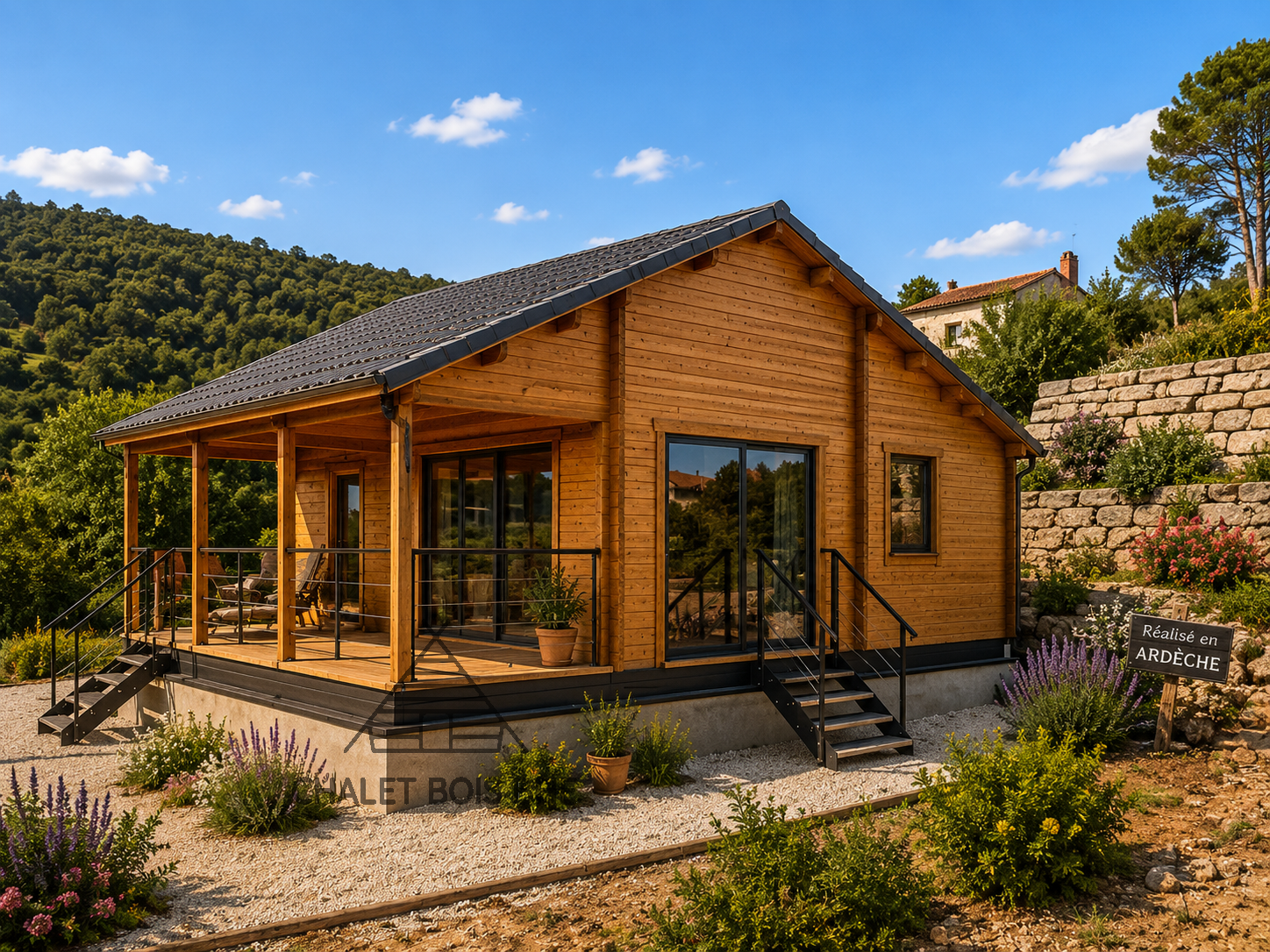 Chalet N°110225 – 64 m² avec sa terrasse 🏡 en 44 mm / 1 chambre / Le client se charge de l&rsquo;isolation