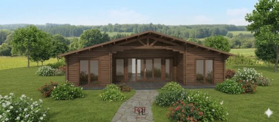Chalet N°131025 – Madriers 44/100/44 mm – 96 m²avec sa terrasse couverte/ structure d&rsquo;isolation sans Laine de Roche