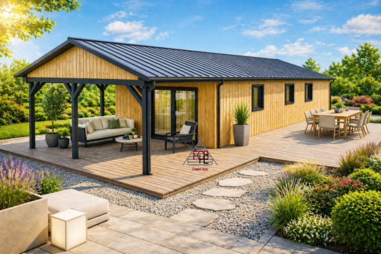 Chalet N°091225 /68mm + 100+ Bardage –111 m² avec terrasse de 46m² / Habitable 65m² avec 2 chambres