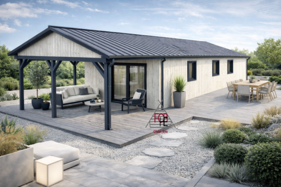 Chalet N°09125 /68mm + 100+ Bardage –111 m² avec terrasse de 46m² / Habitable 65m² avec 2 chambres