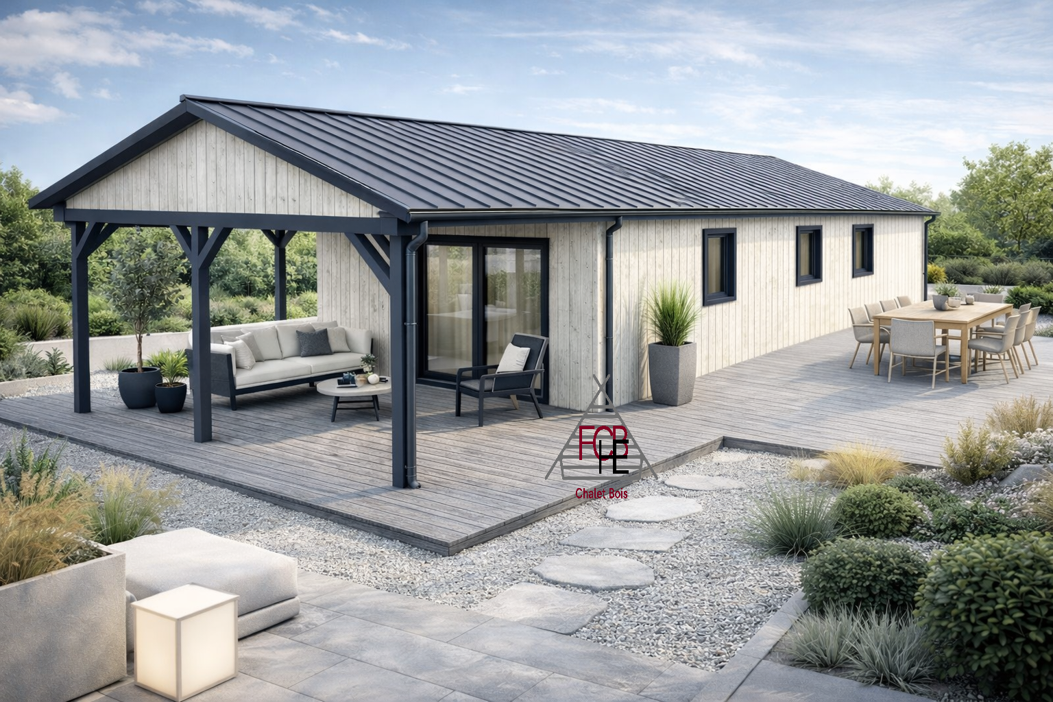 Chalet N°09125 /68mm + 100+ Bardage –111 m² avec terrasse de 46m² / Habitable 65m² avec 2 chambres