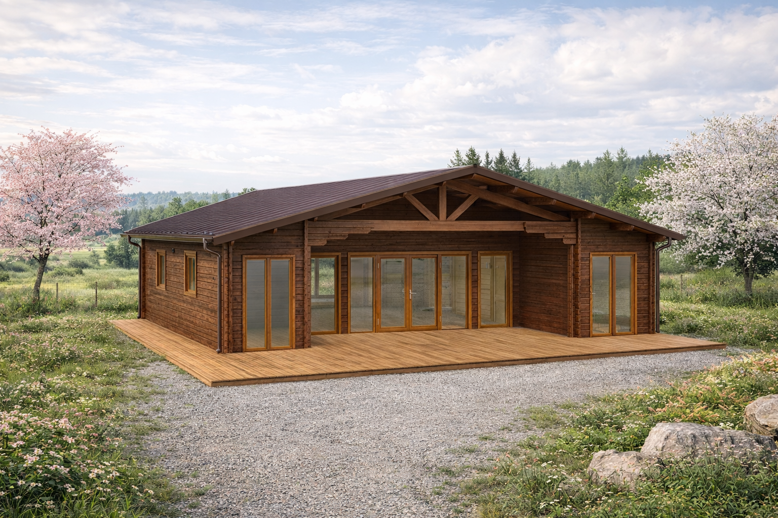 Chalet N°131025 – En 44/100/44 mm – 96 m² avec sa terrasse couverte/3 chambres/ Structures d&rsquo;isolation sans Laine de Roche