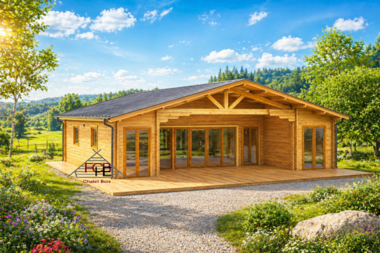 Chalet N°131025 – En 44/100/44 mm – 96 m² avec sa terrasse couverte/3 chambres/ Structures d&rsquo;isolation sans Laine de Roche