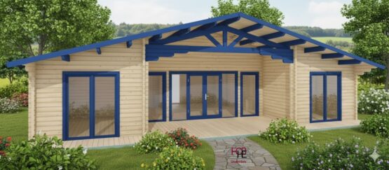 🏡 Chalet N°131025 – Madriers 44/100/44 mm – 96 m²avec sa terrasse couverte/ structure d’isolation sans Laine de Roche