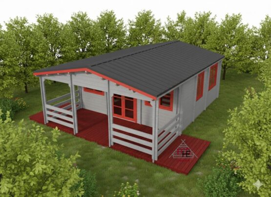 🏡 Chalet N°220222 – Madriers 44/100/44 mm – 65 m² avec sa terrasse , isolé (murs/Toit/Plancher) + Dalle Bois