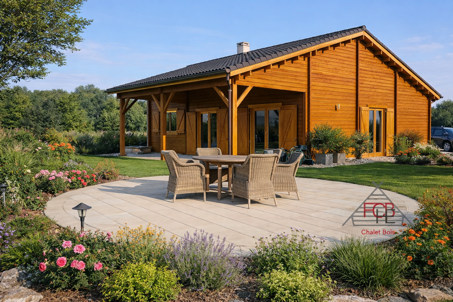 Chalet N°280323 – Madriers 44/100/44 mm –136 m² avec terrasse- 90m² habitable- 2 chambres ( 3 possible)