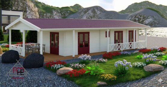 Chalet bois N°030523 – 93 m² avec sa terrasse 🏡 (44/100/44 mm) à usage de gîte