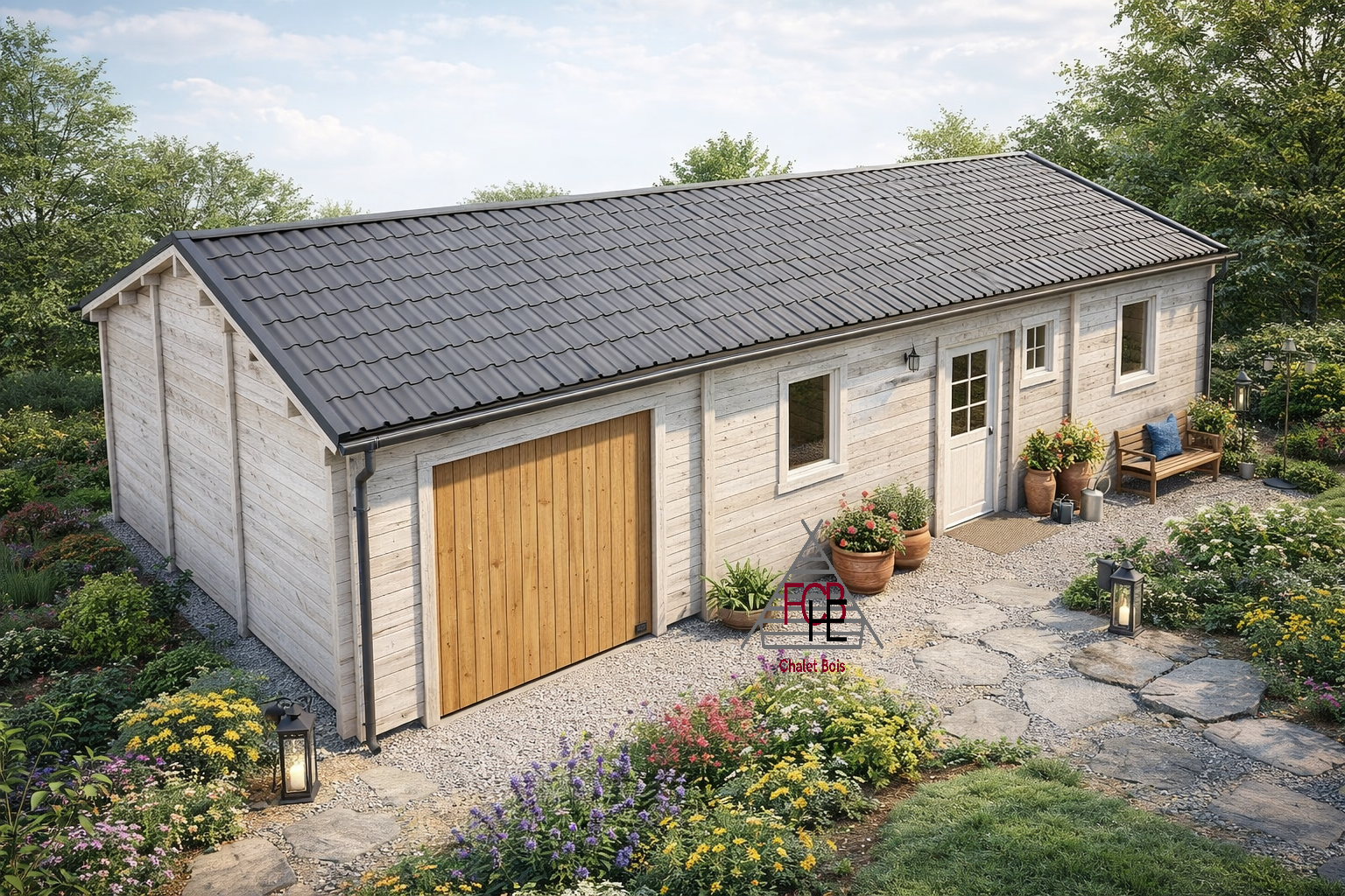 Chalet N°190124 avec garage –En 68mm  – 89m²- 1 chambre et 1 bureau