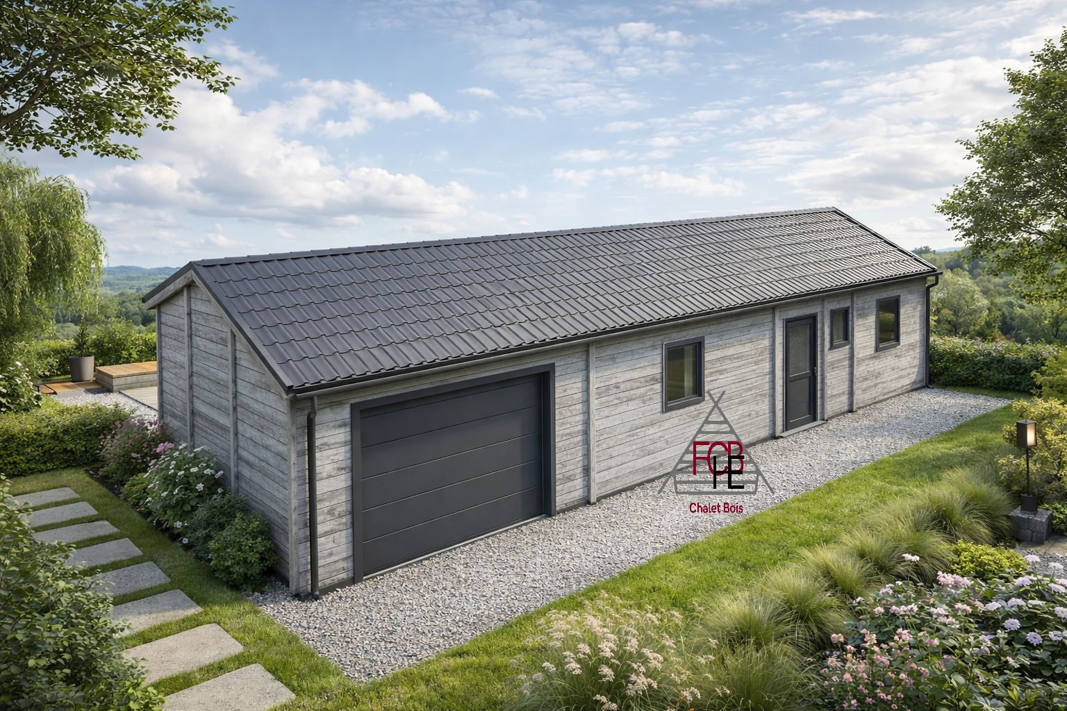 Chalet N°190124 avec garage –En 68mm  – 89m²- 1 chambre et 1 bureau