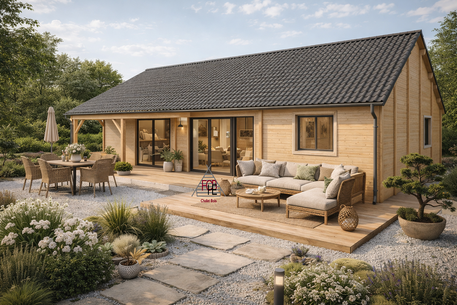 Chalet N°200226  en 44+100+44 de 92m² au sol / Surface habitable : 76m² / 2 chambres / Modifiable selon les critères