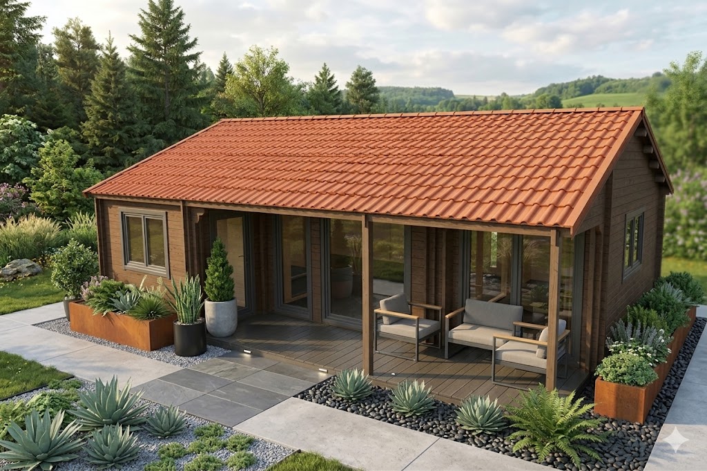 Chalet N°210922/ Madriers de 44+100+44 de 75m² / Surface habitable : 52m² / 1 chambre / Modifiable selon les critères