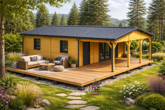 Chalet N°231024-Madriers de 44/100/44-102m² avec terrasse/72m² habitables – 2 chambres