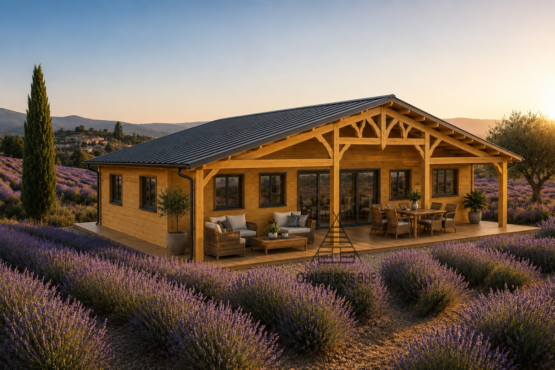 Chalet N°140426   – 150 m² avec terrasse couverte de 36 m²/102m² habitable – 3 chambres / En 44/100/44 🏡