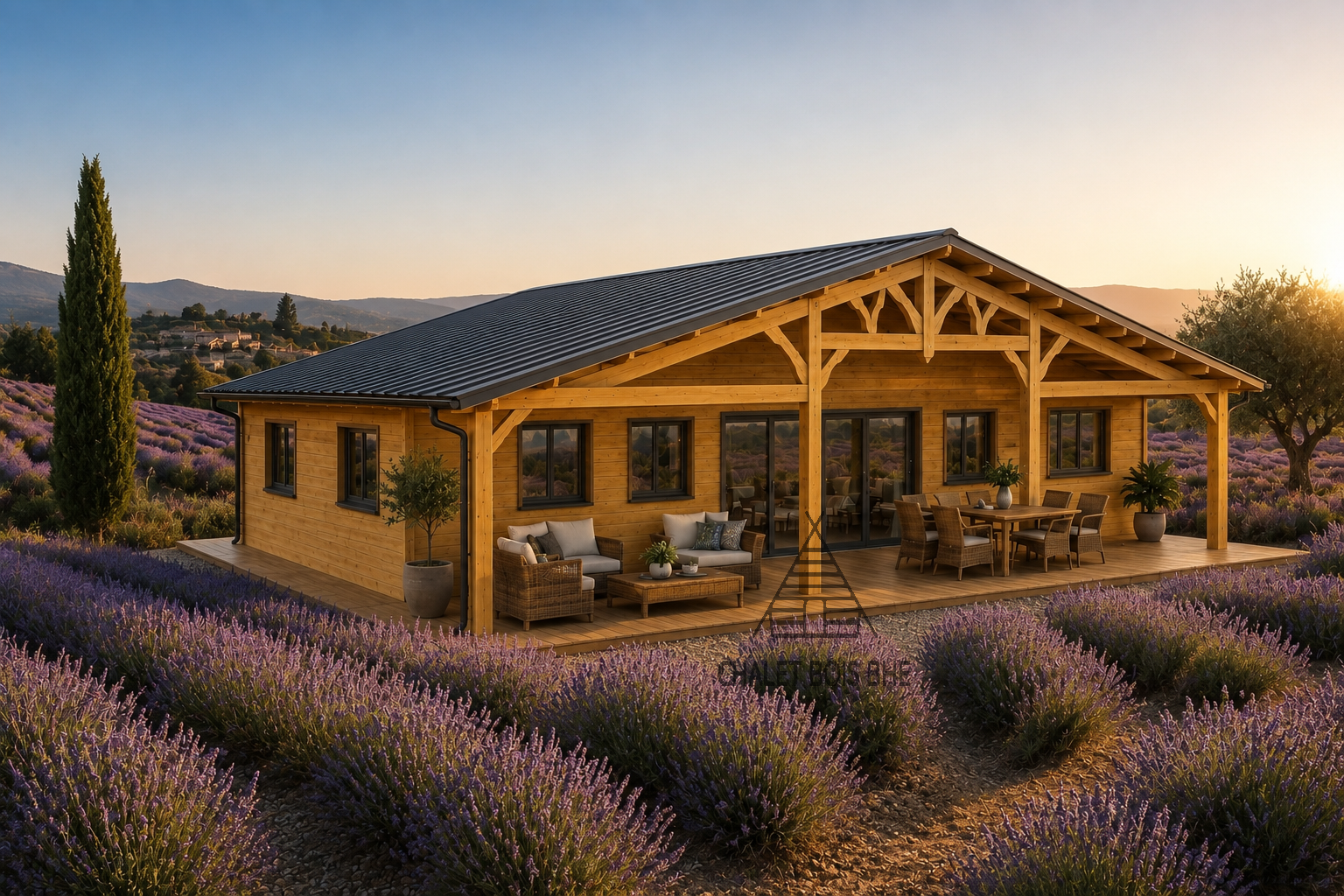 Chalet N°140426   – 150 m² avec terrasse couverte de 36 m²/102m² habitable – 3 chambres / En 44/100/44 🏡