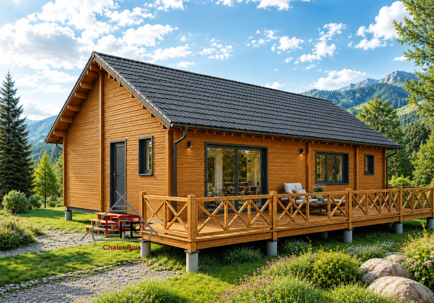 Chalet N°030426-Madriers de 68mm+ Bardage – 115m² avec sa terrasse /80m² habitable – 3 chambres 🏡