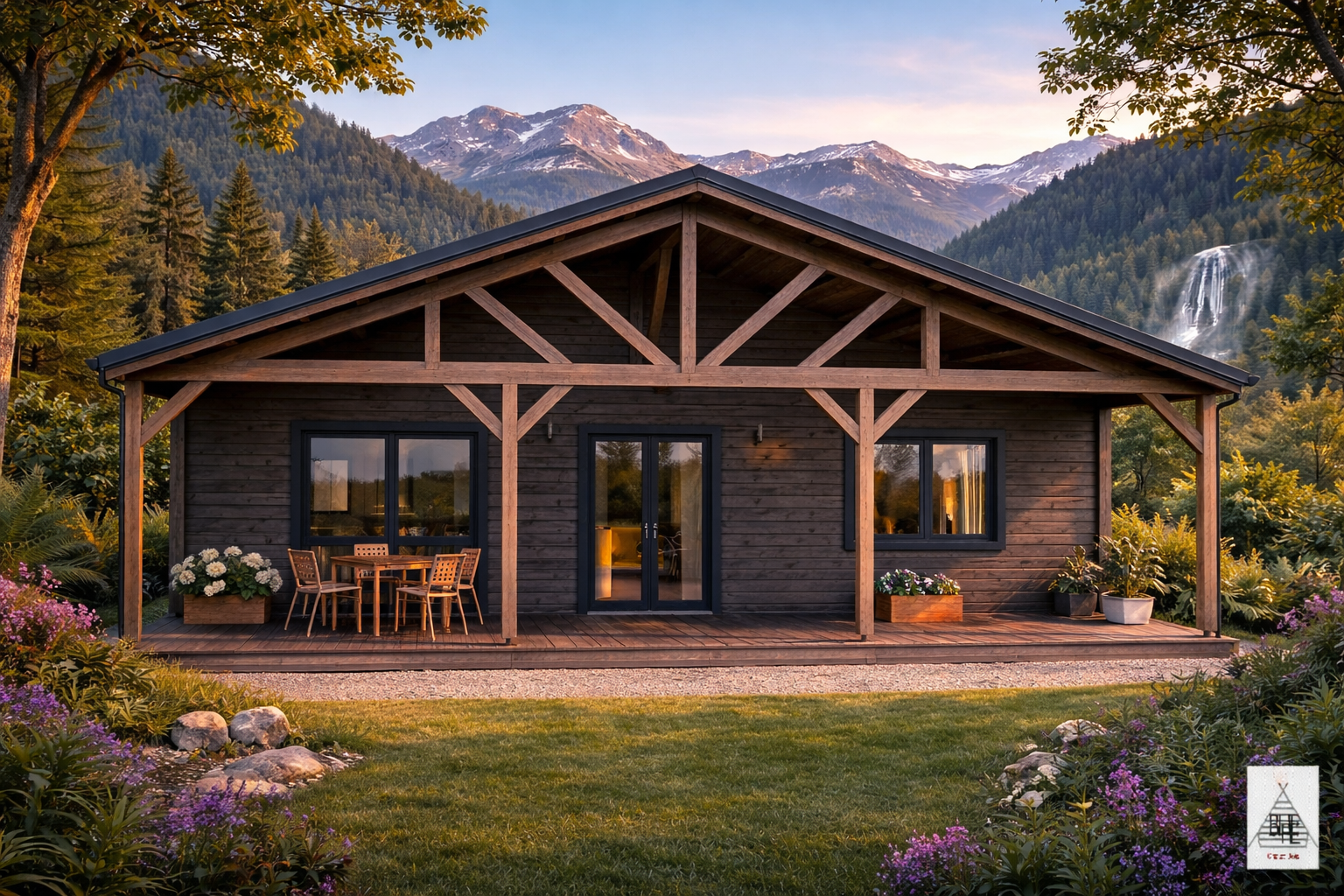 Chalet N°060323 – 159 m² avec terrasse couverte de 40 m²/104m² habitable – 3 chambres / En 44/100/44 🏡