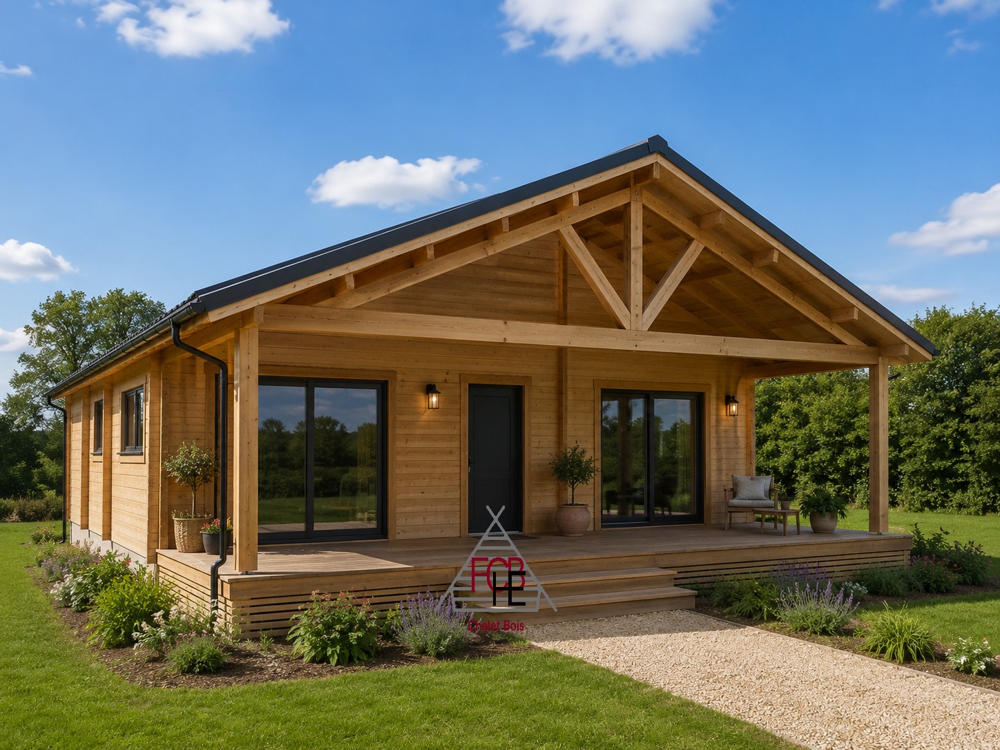 Chalet N°060323 – 159 m² avec terrasse couverte de 40 m²/104m² habitable – 3 chambres / En 44/100/44 🏡