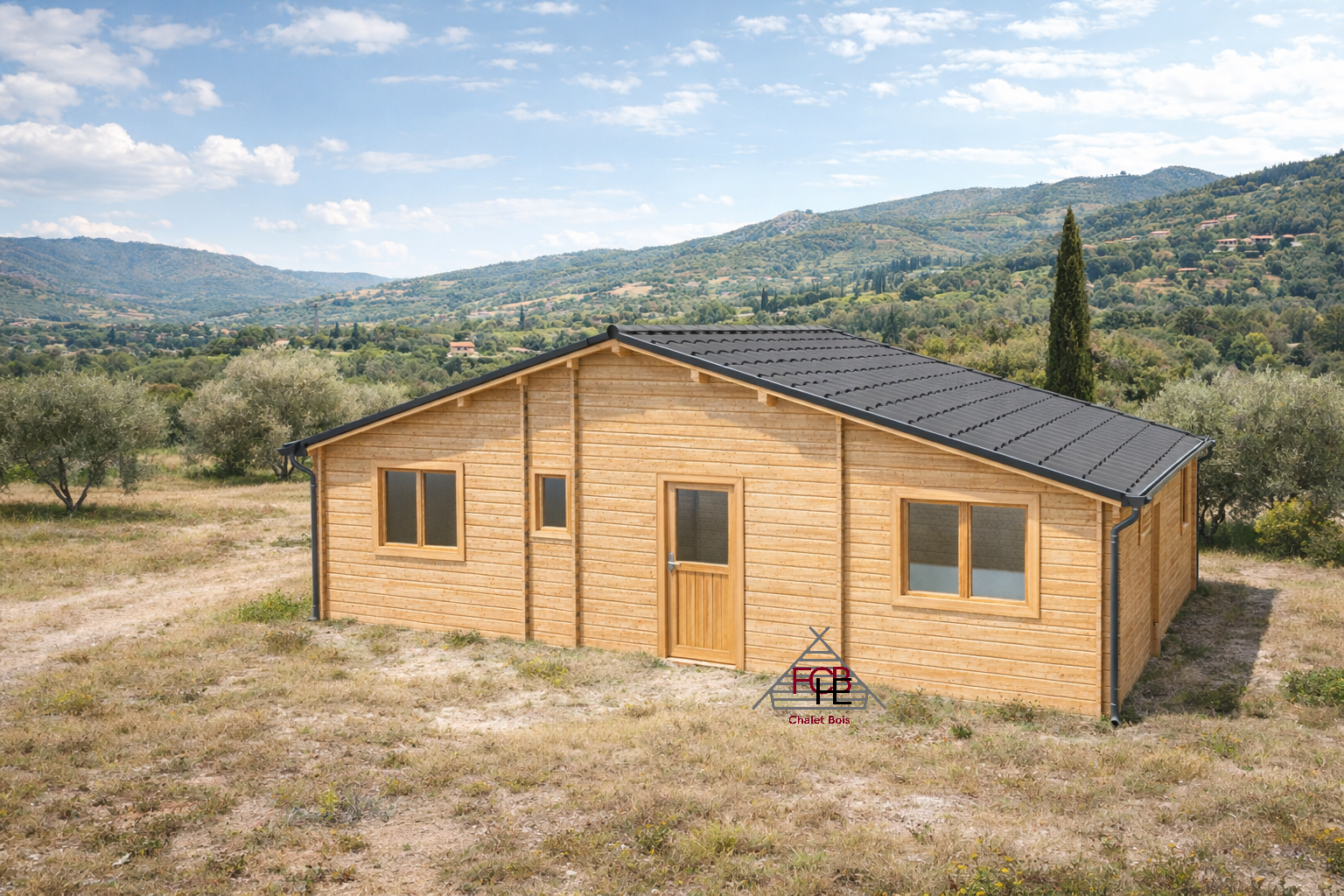 Chalet N°080523 – 70m² /55.5m² habitable – 2 chambres / En 44/100/44 🏡 ( sans isolation)