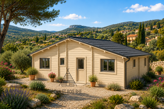 Chalet N°080523 – 70m² /55.5m² habitable – 2 chambres / En 44/100/44 🏡 ( sans isolation)