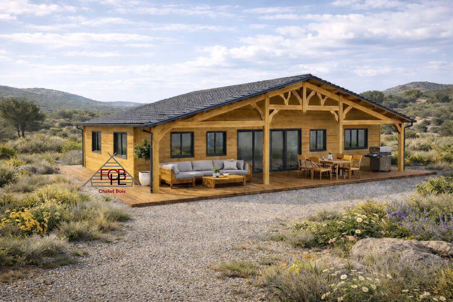 Chalet N°140426   – 150 m² avec terrasse couverte de 36 m²/102m² habitable – 3 chambres / En 44/100/44 🏡