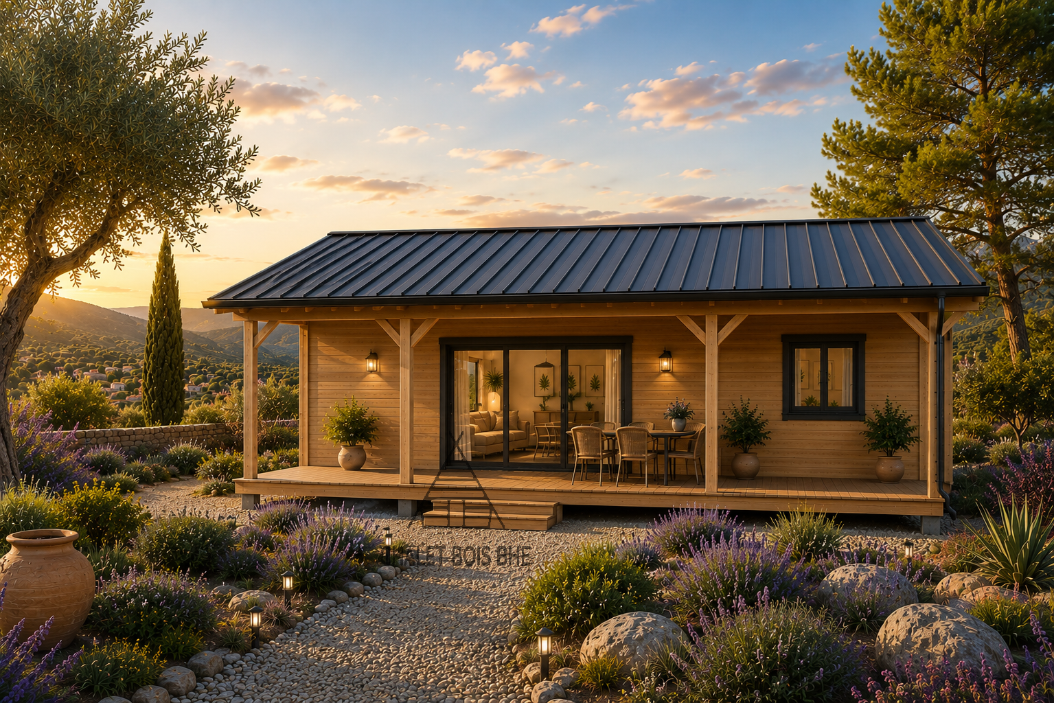 Chalet N°060225 –  En  44+100+44 mm de 92m² avec sa terrasse /Surface habitable de  53.5m² / 2 chambres / Dalle Bois