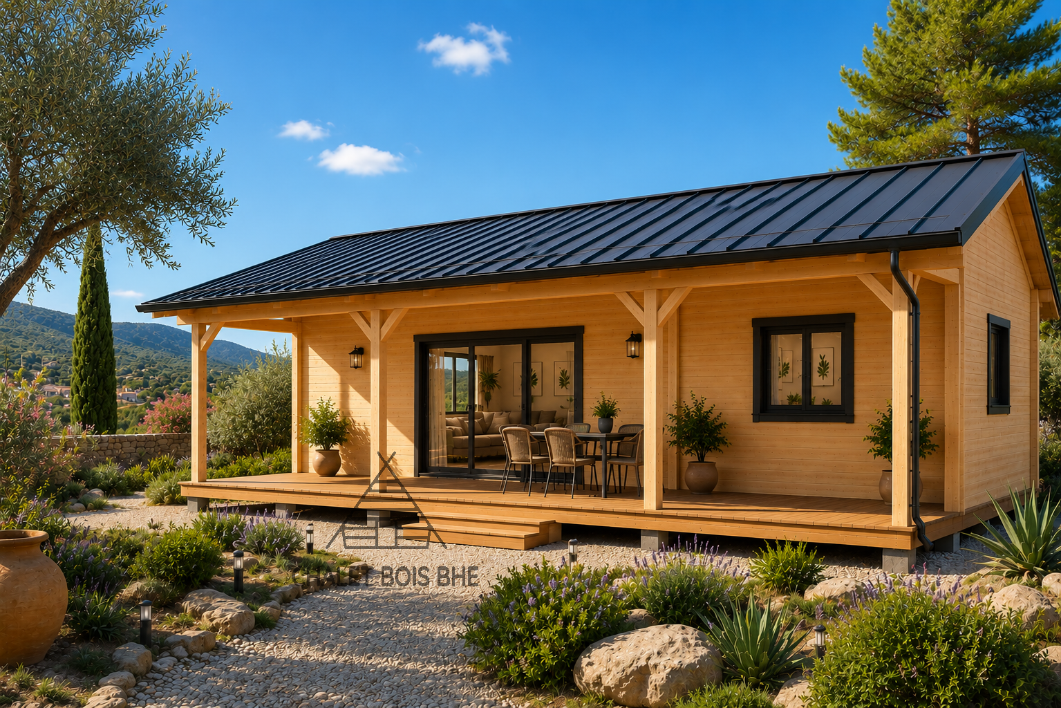Chalet N°060225 –  En  44+100+44 mm de 92m² avec sa terrasse /Surface habitable de  53.5m² / 2 chambres / Dalle Bois