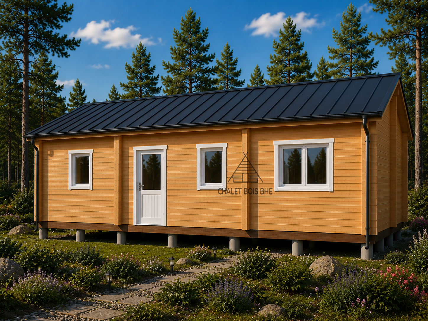 Chalet N°130125 –  En  44+100+44 mm de 70m² /Surface habitable : 65m² / 3 chambres / Dalle Bois