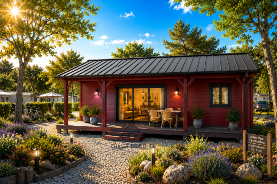 Chalet N°060225 –  En  44+100+44 mm de 92m² avec sa terrasse /Surface habitable de  53.5m² / 2 chambres / Dalle Bois