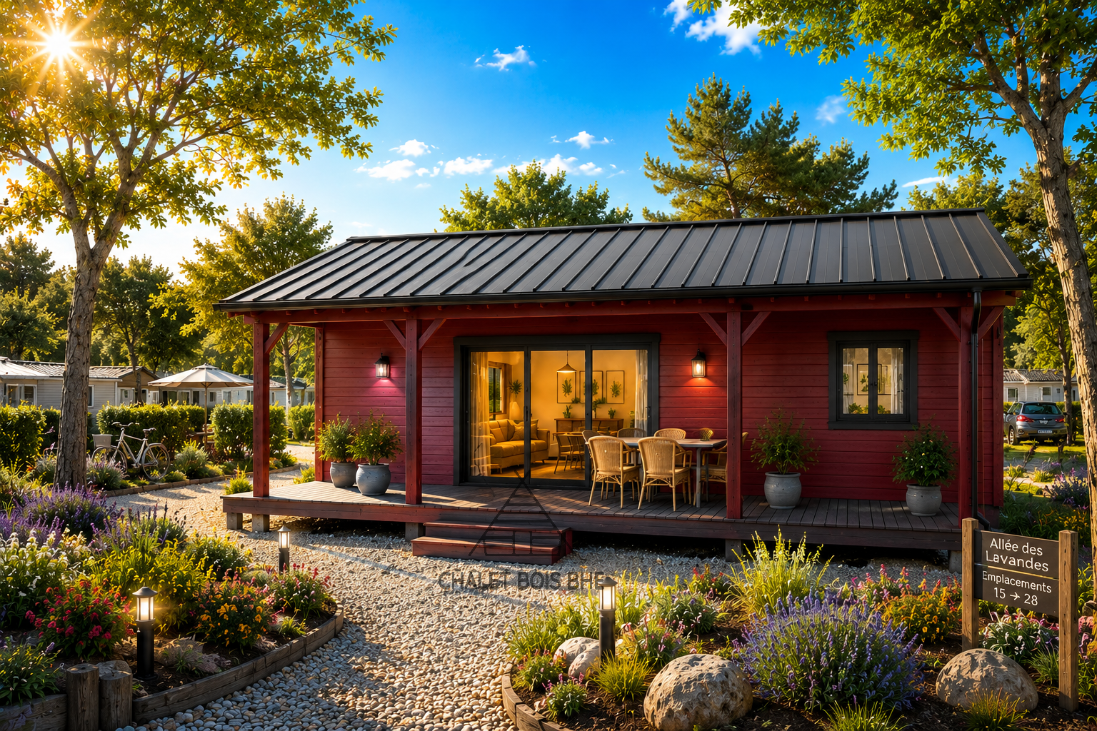 Chalet N°060225 –  En  44+100+44 mm de 92m² avec sa terrasse /Surface habitable de  53.5m² / 2 chambres / Dalle Bois