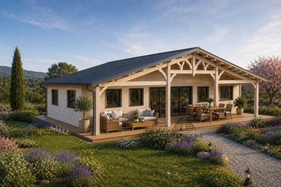 Chalet N°190626   – 150 m² avec terrasse couverte de 36 m²/102m² habitable – 3 chambres / En 44/100/44 🏡