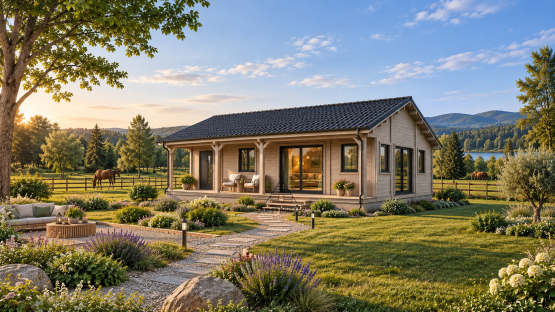 Chalet N°150626   – 100 m² avec terrasse couverte de 30 m²/65m² habitable – 2 chambres / En 44/100/44 🏡